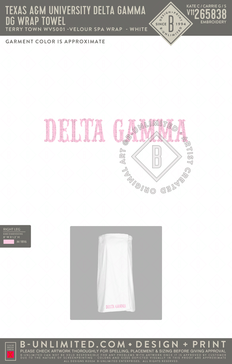 Texas A&M University Delta Gamma - DG Wrap Towel - Terry Town - WV5001 - Women’s Premium Terry Velour Spa Wrap - White
