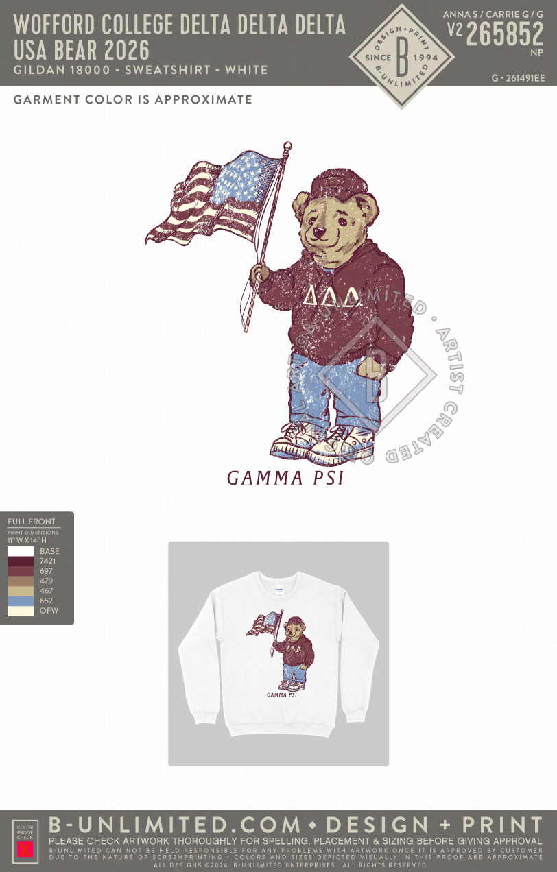Wofford College Delta Delta Delta - USA Bear 2026 - Gildan - 18000 - Crewneck Sweatshirt - White