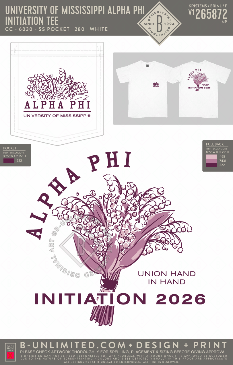 University of Mississippi Alpha Phi - Initiation Tee - CC - 6030 - SS Pocket - White