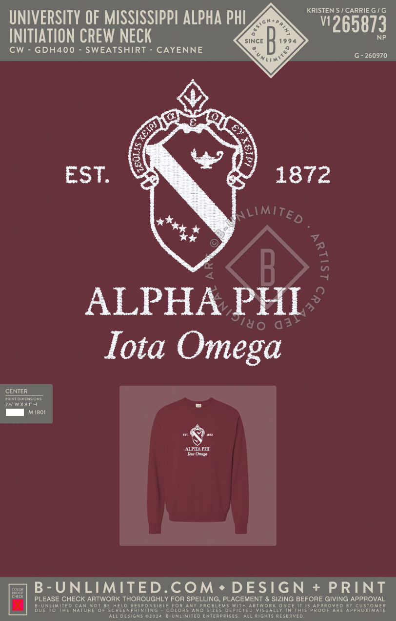 University of Mississippi Alpha Phi - Initiation Crew Neck - CW - GDH400 - Sweatshirt - Cayenne
