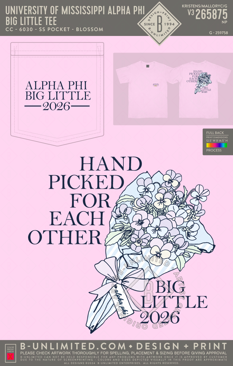 University of Mississippi Alpha Phi - Big Little Tee - CC - 6030 - SS Pocket - Blossom