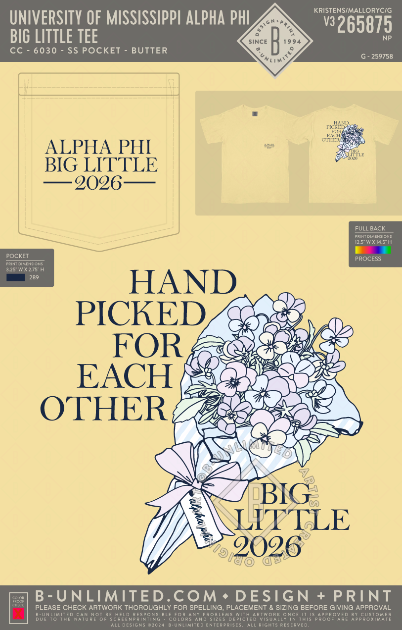 University of Mississippi Alpha Phi - Big Little Tee - CC - 6030 - SS Pocket - Butter