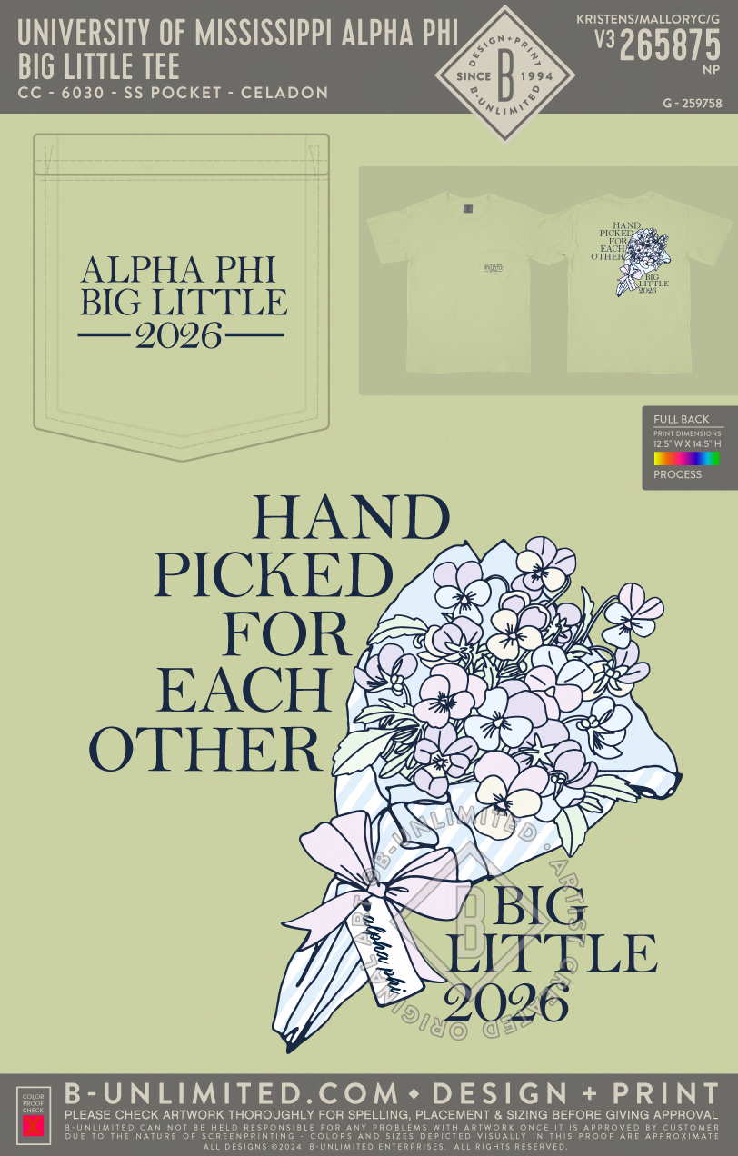 University of Mississippi Alpha Phi - Big Little Tee - CC - 6030 - SS Pocket - Celadon