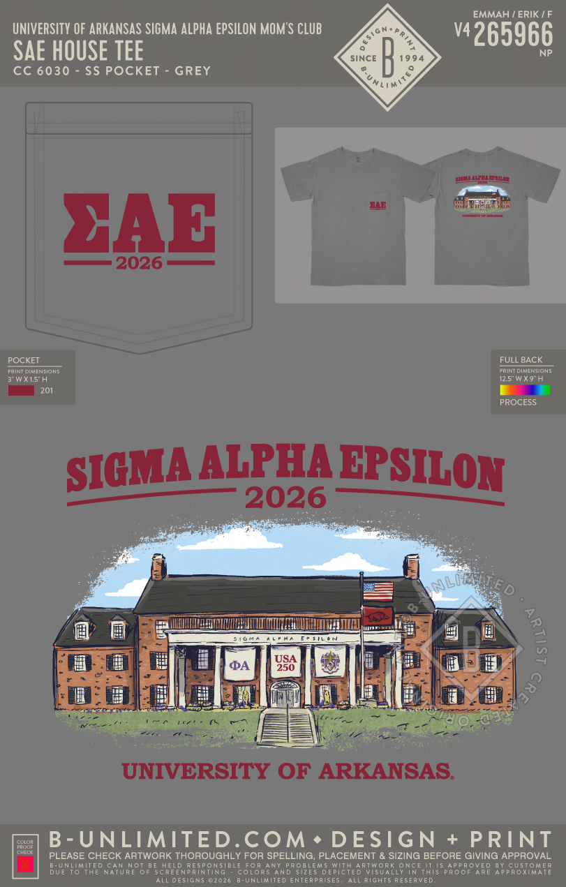 University of Arkansas Sigma Alpha Epsilon Mom's Club - SAE House Tee - CC - 6030 - SS Pocket - Grey