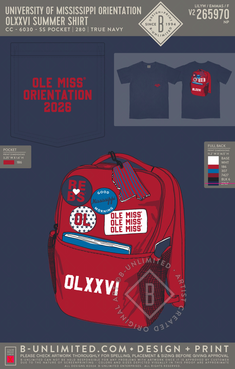 University of Mississippi Orientation - OLXXVI Summer Shirt - CC - 6030 - SS Pocket - True Navy