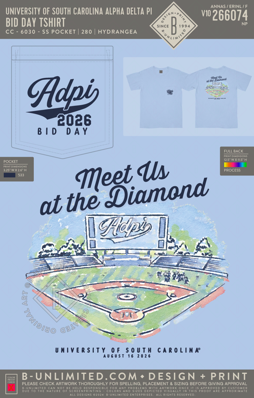 University of South Carolina Alpha Delta Pi - Bid Day Tshirt - CC - 6030 - SS Pocket - Hydrangea