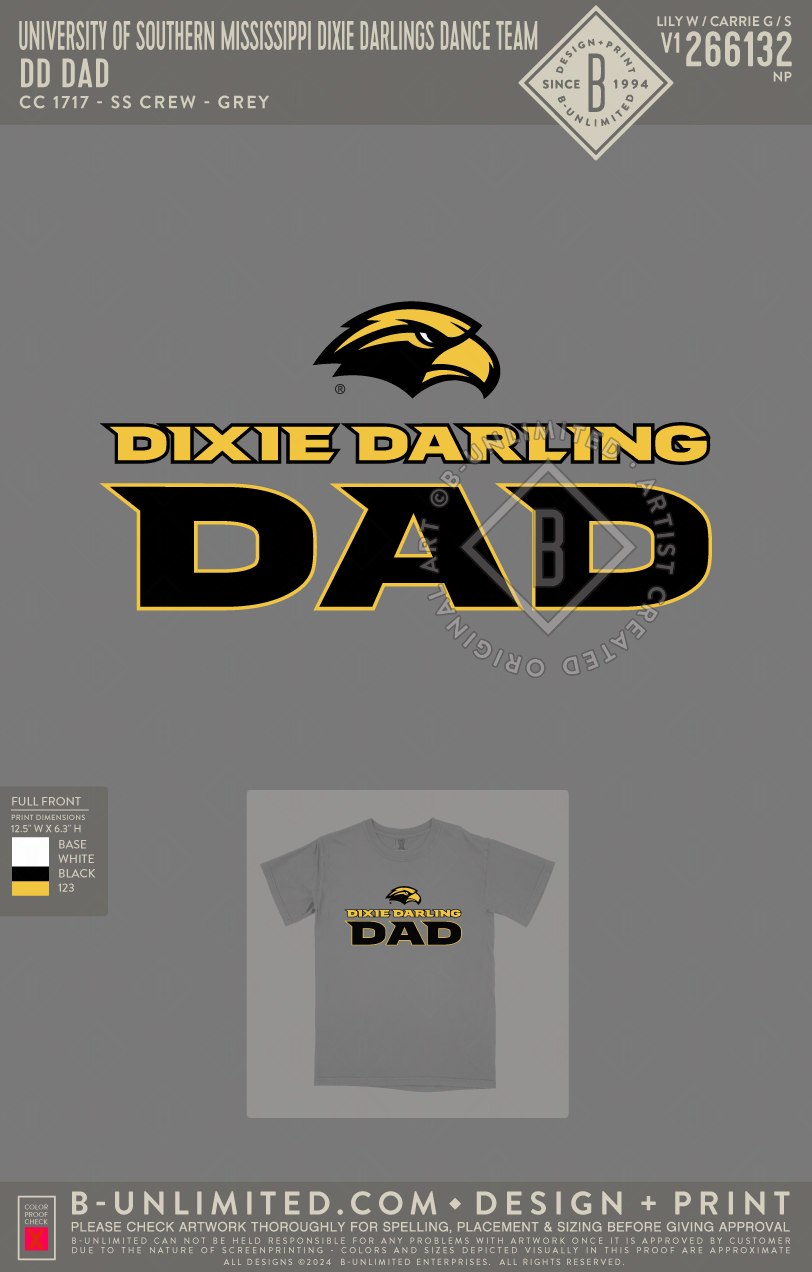 University of Southern Mississippi Dixie Darlings Dance Team - DD DAD - CC - 1717 - SS Crew - Grey