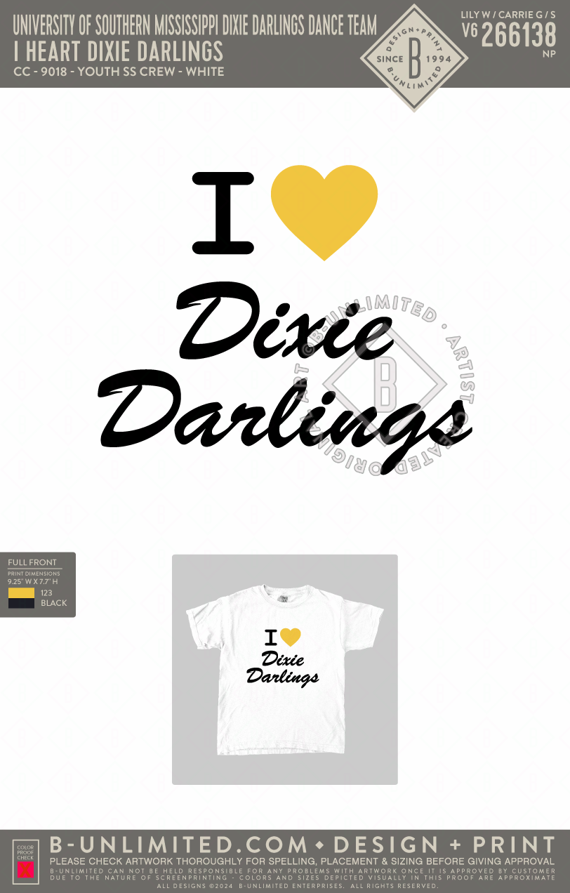 University of Southern Mississippi Dixie Darlings Dance Team - I Heart Dixie Darlings - CC - 9018 - Youth SS Crew - White