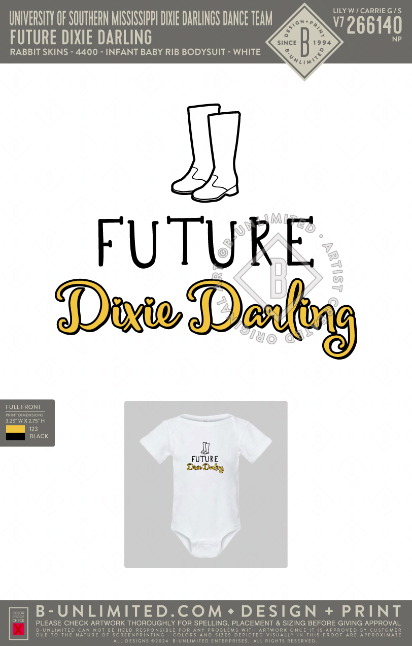 University of Southern Mississippi Dixie Darlings Dance Team - Future Dixie Darling - Rabbit Skins - 4400 - Infant Baby Rib Bodysuit - White