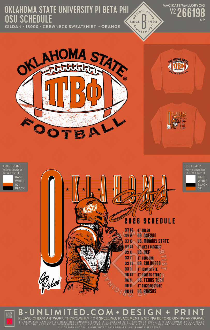 Oklahoma State University Pi Beta Phi - OSU Schedule - Gildan - 18000 - Crewneck Sweatshirt - Orange
