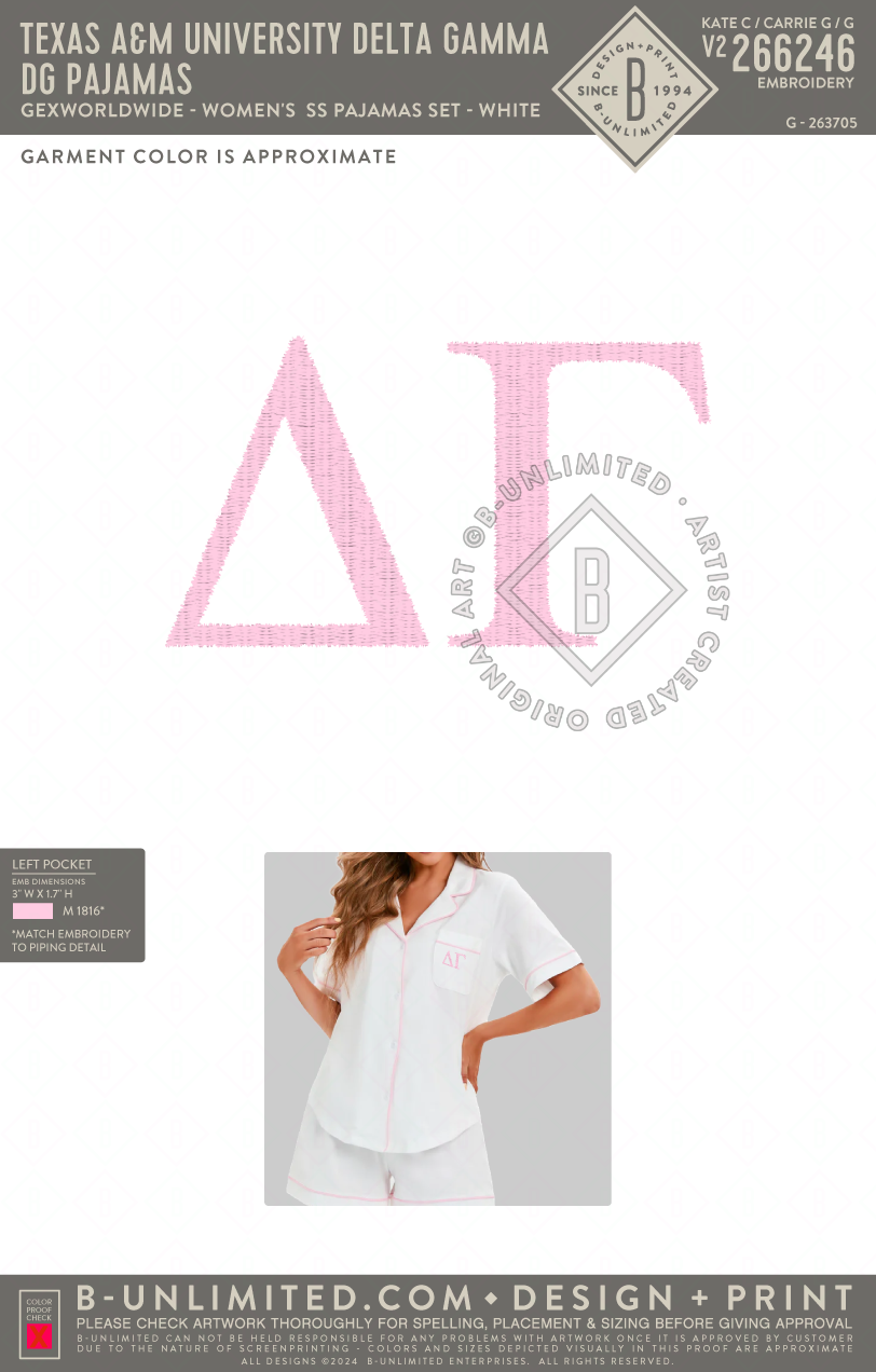 Texas A&M University Delta Gamma - DG Pajamas - GEXWORLDWIDE - Women's 100%Cotton Multiple Colored Short Sleeve Pajamas Set - FPJShort - White