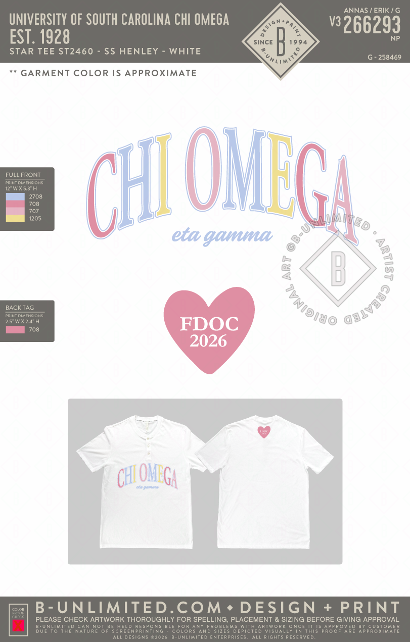 University of South Carolina Chi Omega - EST. 1928 - Star Tee - ST2460 - SS Henley - White