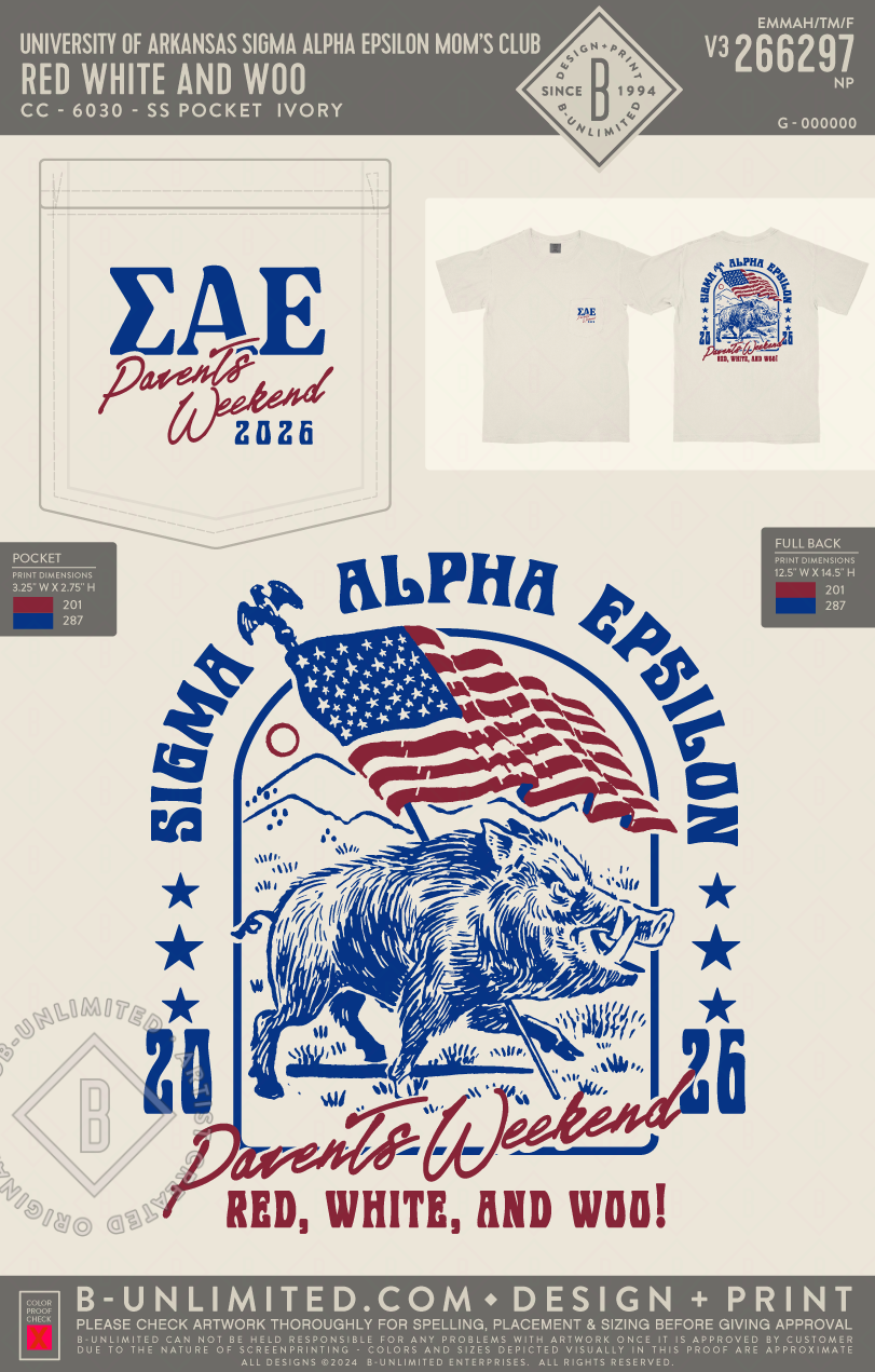 University of Arkansas Sigma Alpha Epsilon Mom's Club - Red White and Woo - CC - 6030 - SS Pocket - Ivory