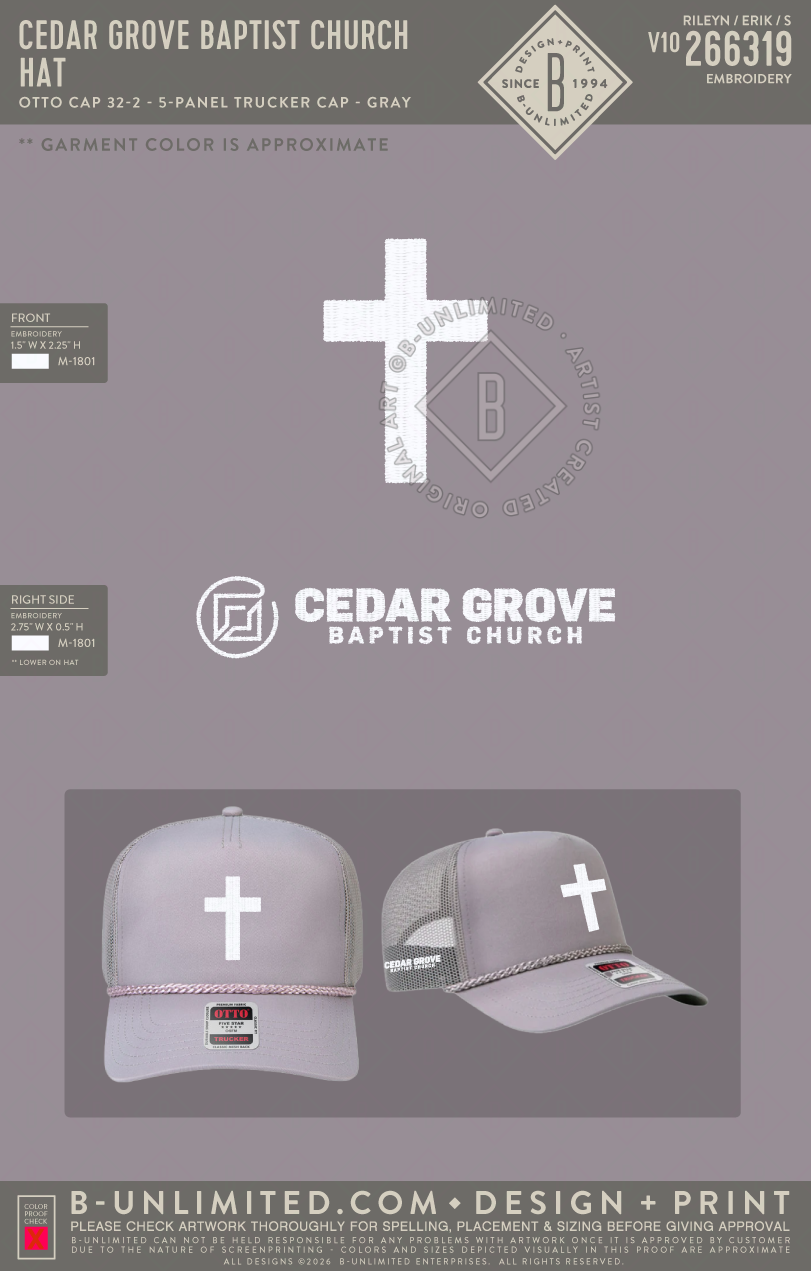 Cedar Grove Baptist Church - Hat - Otto Cap - 32-2 - 5 Panel Mid Profile Mesh Back Trucker Hat - Gray