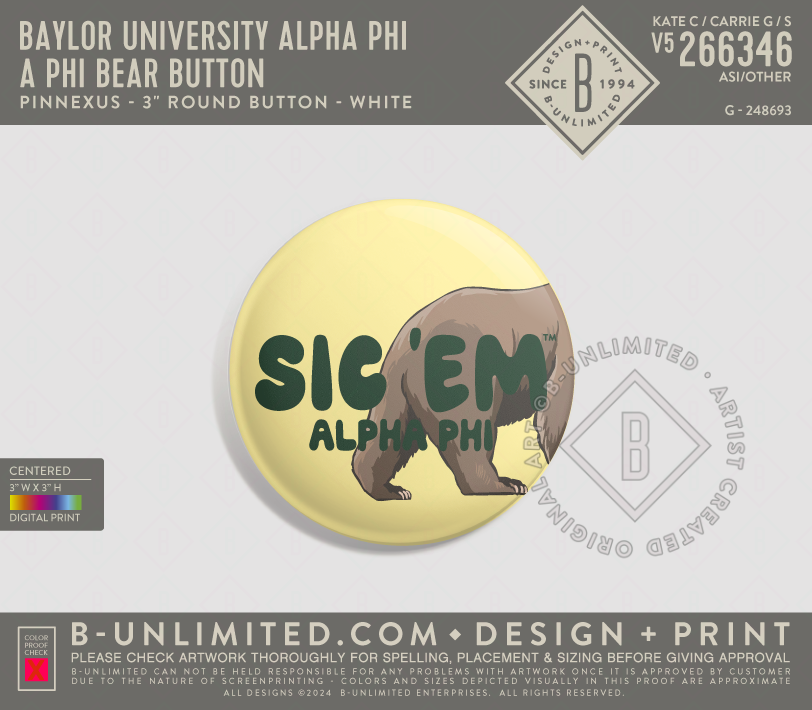 Baylor University Alpha Phi - A Phi Bear Button - PinNexus - PXRB - 3" Round Button - Multi