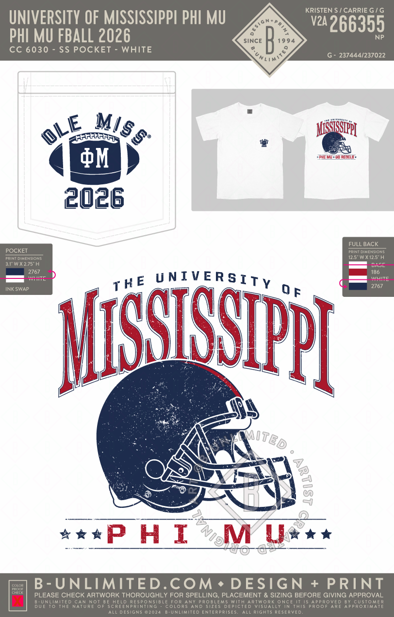 University of Mississippi Phi Mu - Phi Mu FBALL 2026 - CC - 6030 - SS Pocket - White