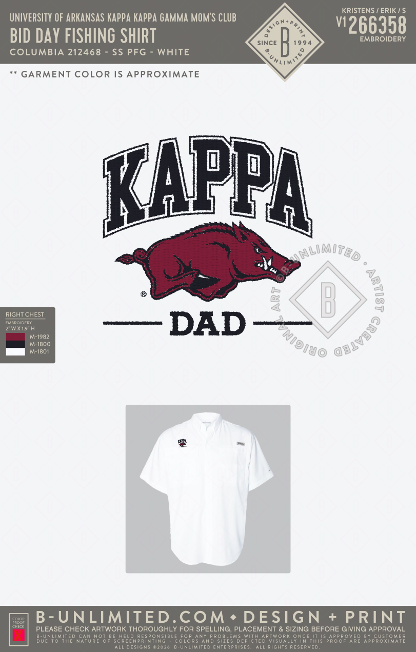 University of Arkansas Kappa Kappa Gamma Mom's Club - Bid Day Fishing Shirt - Columbia - 212468 - SS PFG - White