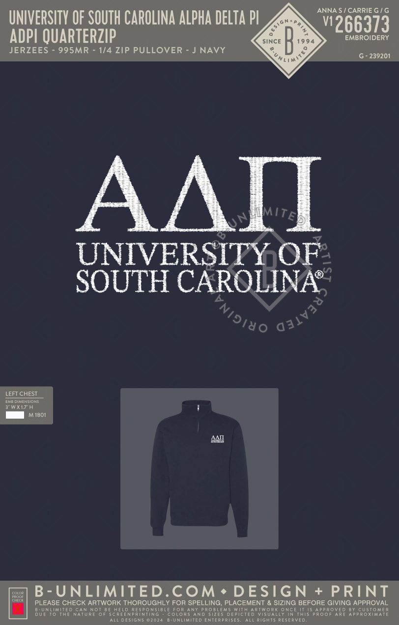 University of South Carolina Alpha Delta Pi - ADPI Quarterzip - Jerzees - 995MR - 1/4 Zip Pullover - J. Navy