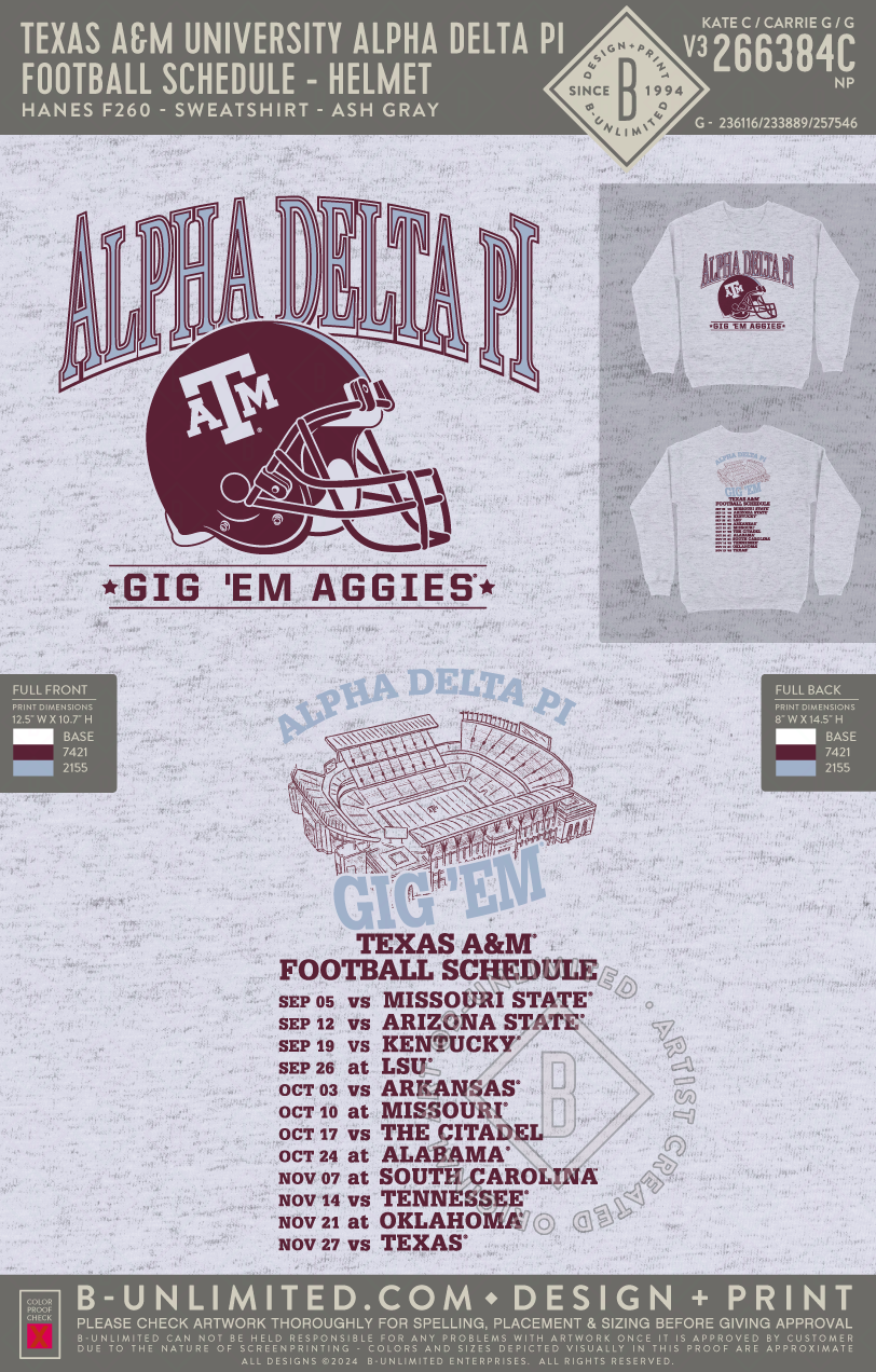 Texas A&M University Alpha Delta Pi - Football Schedule - Helmet - Hanes - F260 - Sweatshirt - Ash