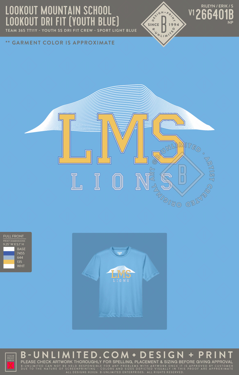 Lookout Mountain School - Lookout Dri Fit (YOUTH Blue) - Team 365 - TT11Y - Youth SS Dri Fit Crew - Sport Light Blue