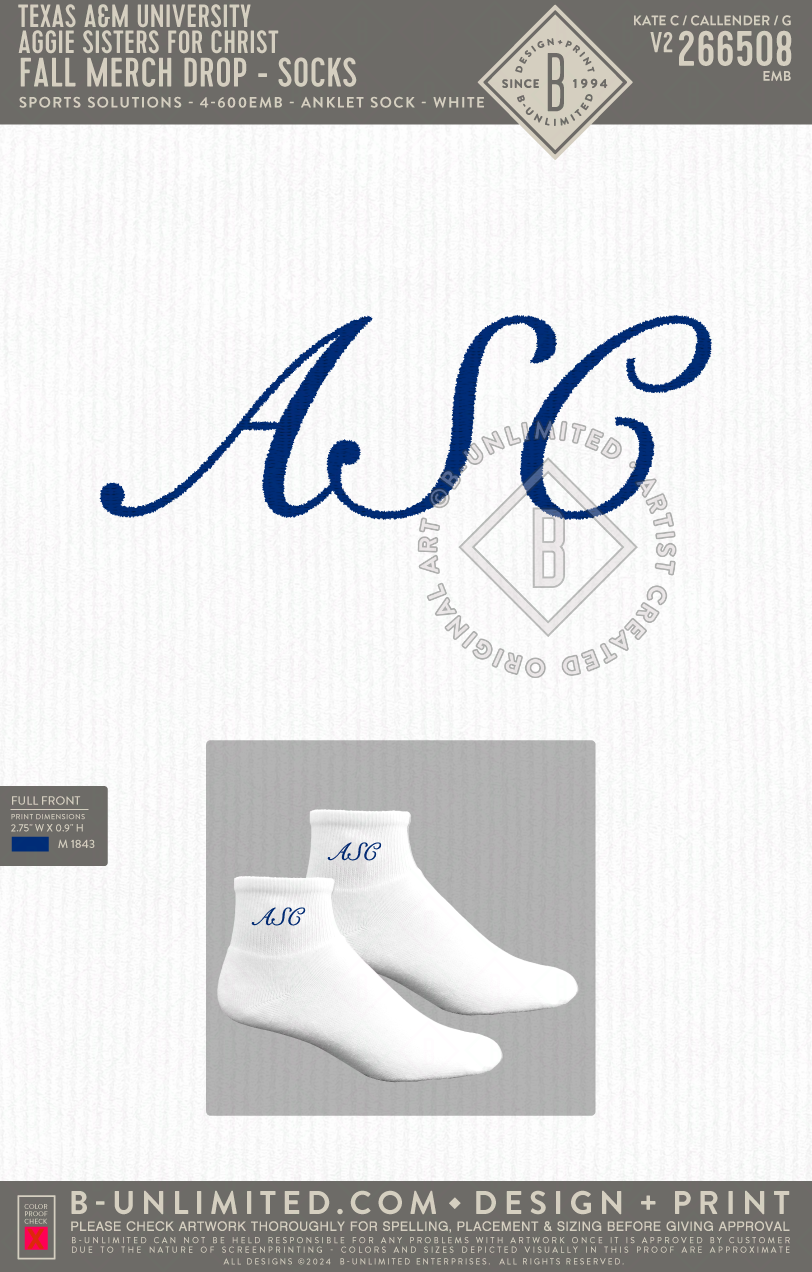 Texas A&M University Aggie Sisters For Christ - Fall Merch Drop - Socks - Sports Solutions - 4-600EMB - Anklet Socks - White