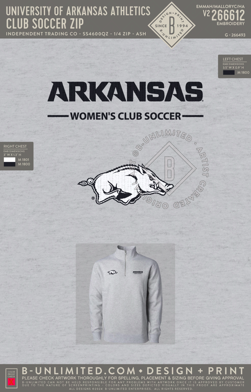 University of Arkansas Athletics - Club Soccer Zip - Independent Trading Co - SS4600QZ - 1/4 Zip - Ash Heather