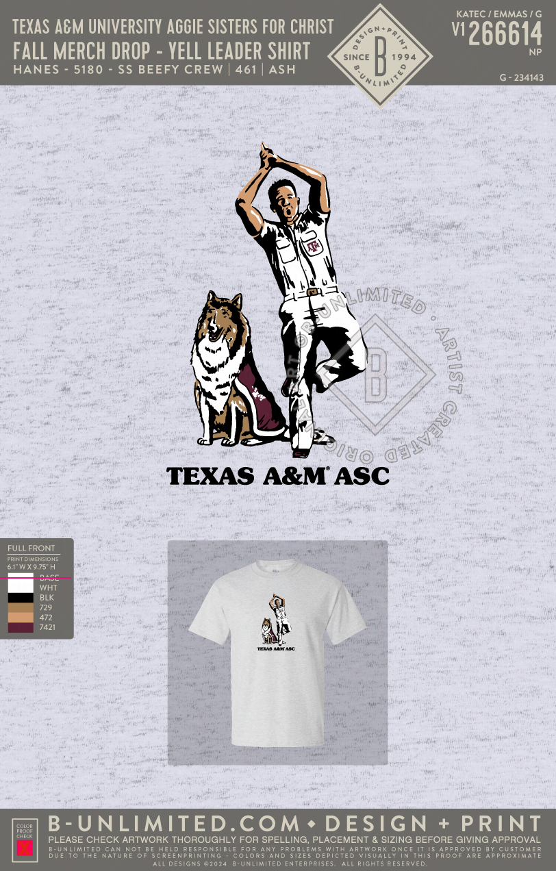 Texas A&M University Aggie Sisters For Christ - Fall Merch Drop - Yell Leader Shirt - Hanes - 5180 - SS Beefy Crew - Ash