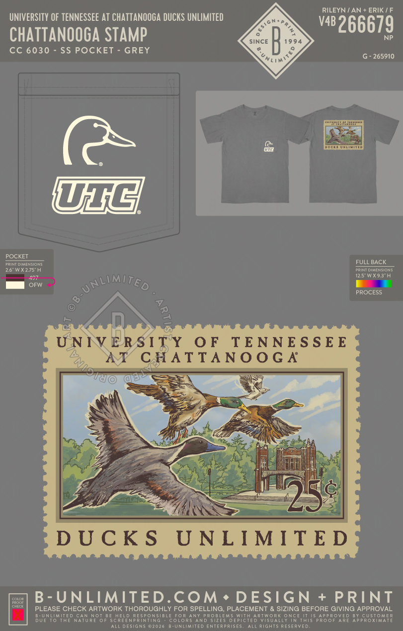 University of Tennessee at Chattanooga Ducks Unlimited - Chattanooga Stamp - CC - 6030 - SS Pocket - Grey