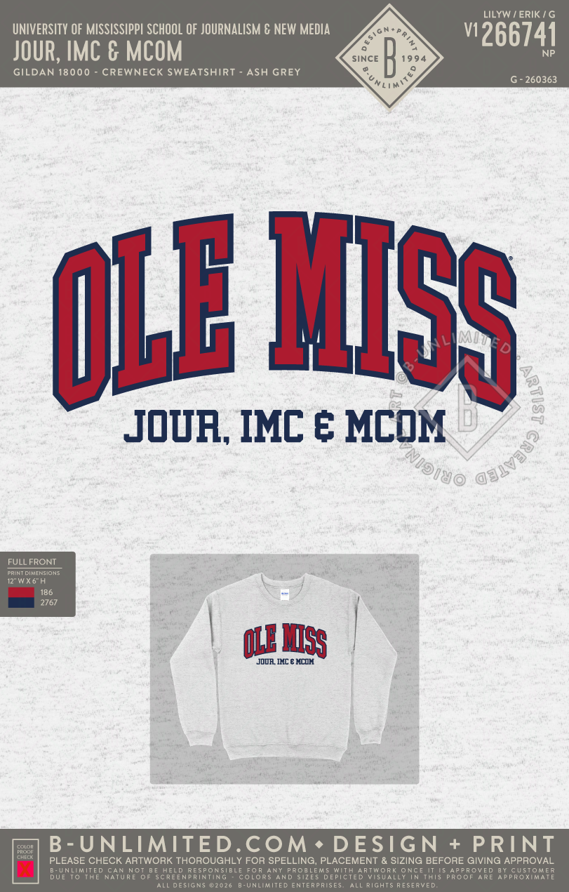 University of Mississippi School of Journalism & New Media - JOUR, IMC & MCOM - Gildan - 18000 - Crewneck Sweatshirt - Ash Grey