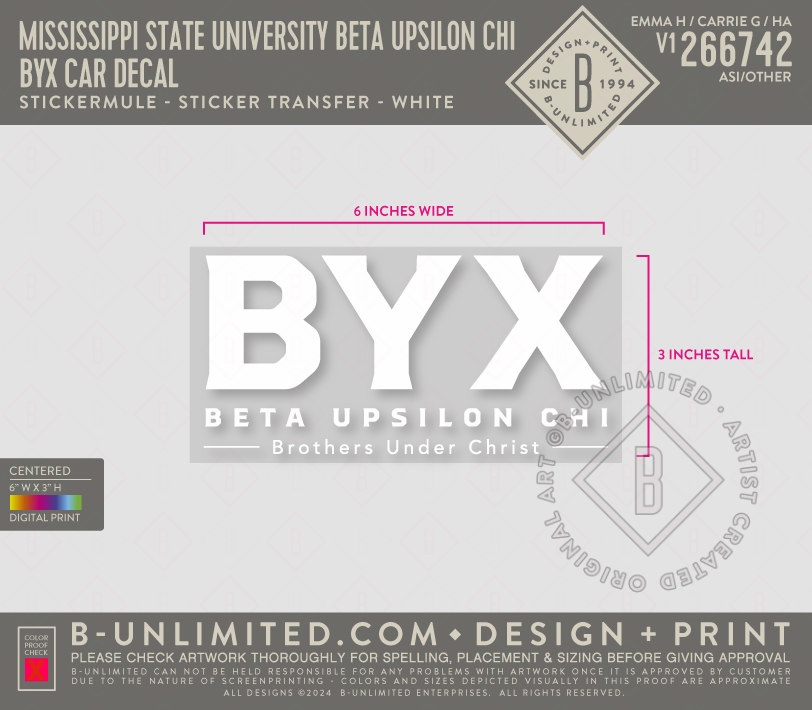 Mississippi State University Beta Upsilon Chi - BYX Car Decal - Sticker Mule - Transfer Stickers - Transferable