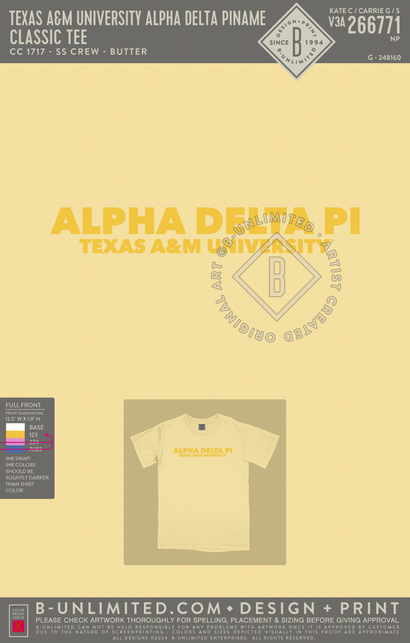Texas A&M University Alpha Delta Pi - Classic Tee - CC - 1717 - SS Crew - Butter