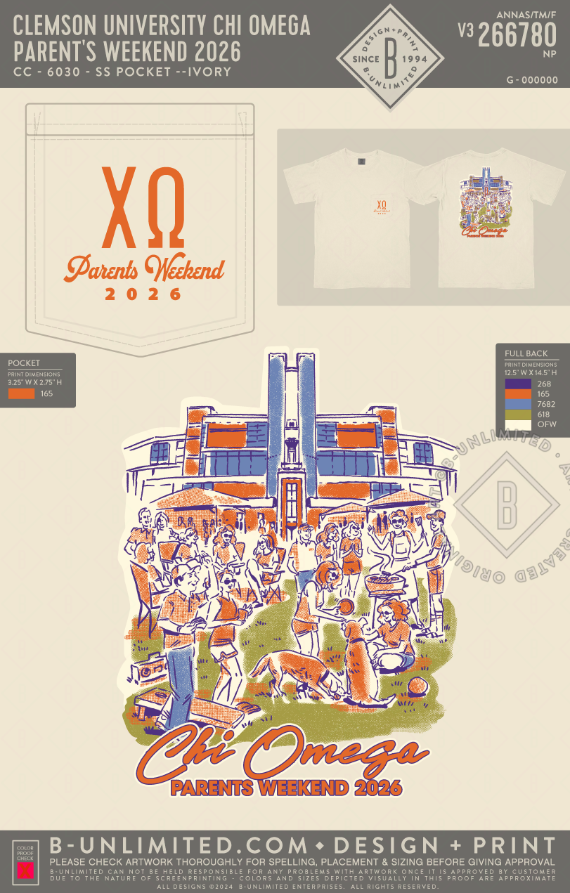 Clemson University Chi Omega - Parent's Weekend 2026 - CC - 6030 - SS Pocket - Ivory