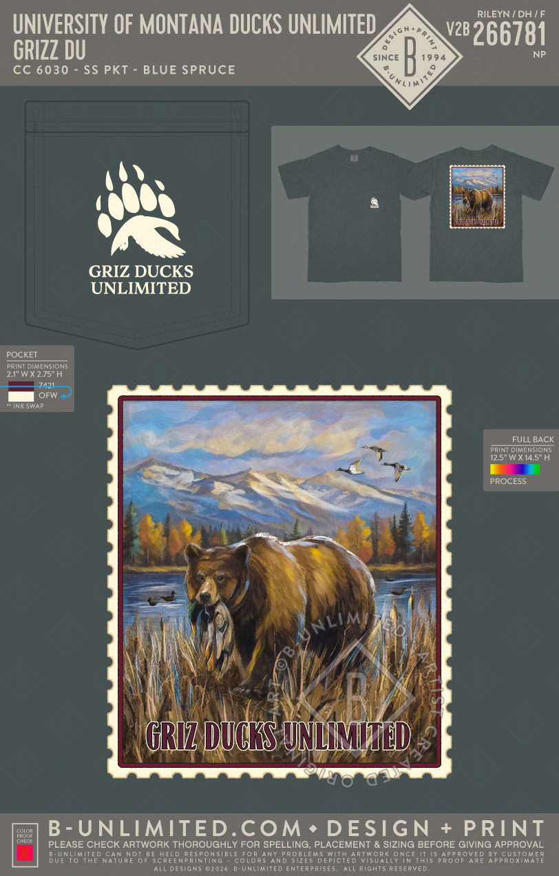 University of Montana Ducks Unlimited - Grizz DU - CC - 6030 - SS Pocket - Blue Spruce