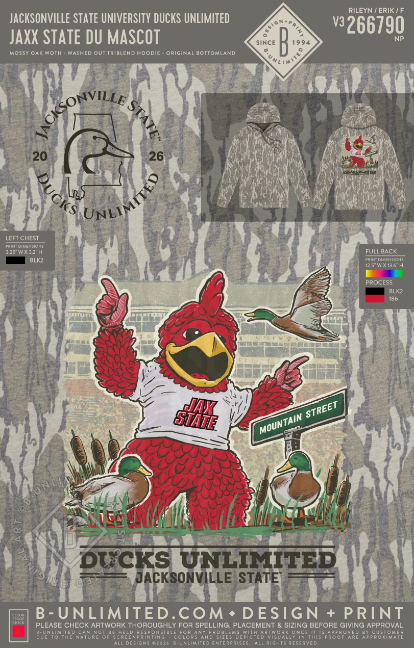 Jacksonville State University Ducks Unlimited - Jaxx State DU Mascot - Mossy Oak - WOTH - Washed Out Triblend Hoodie - Original Bottomland