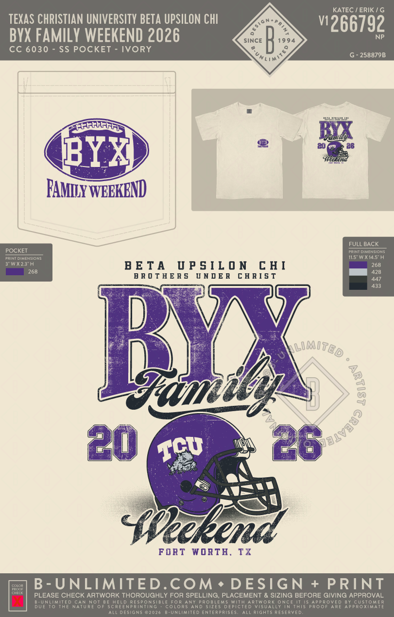 Texas Christian University Beta Upsilon Chi - BYX Family Weekend 2026 - CC - 6030 - SS Pocket - Ivory