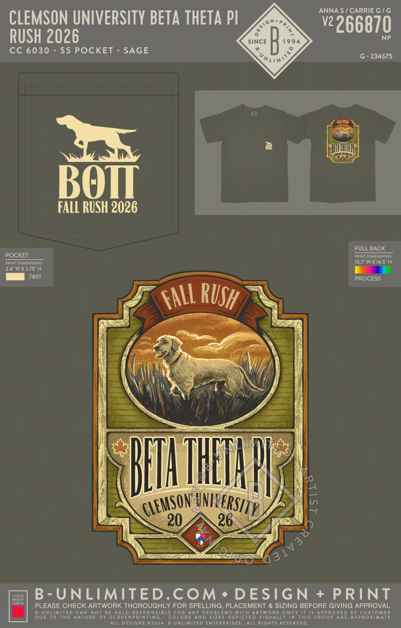 Clemson University Beta Theta Pi - Rush 2026 - CC - 6030 - SS Pocket - Sage