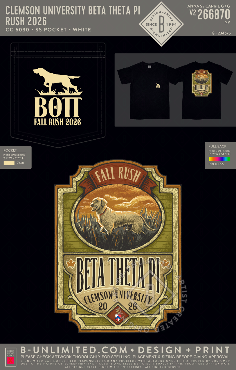 Clemson University Beta Theta Pi - Rush 2026 - CC - 6030 - SS Pocket - Black