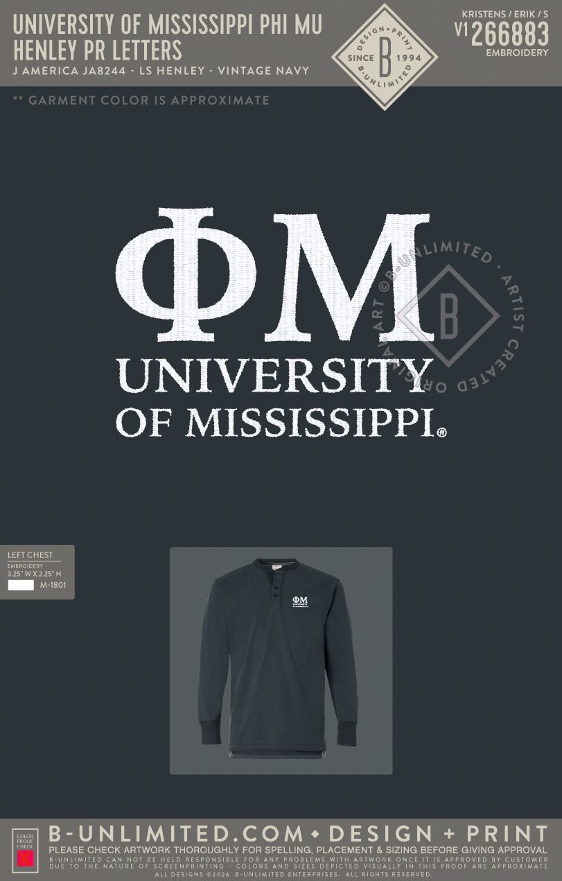 University of Mississippi Phi Mu - Henley PR Letters - J America - JA8244 - LS Henley - Vintage Navy