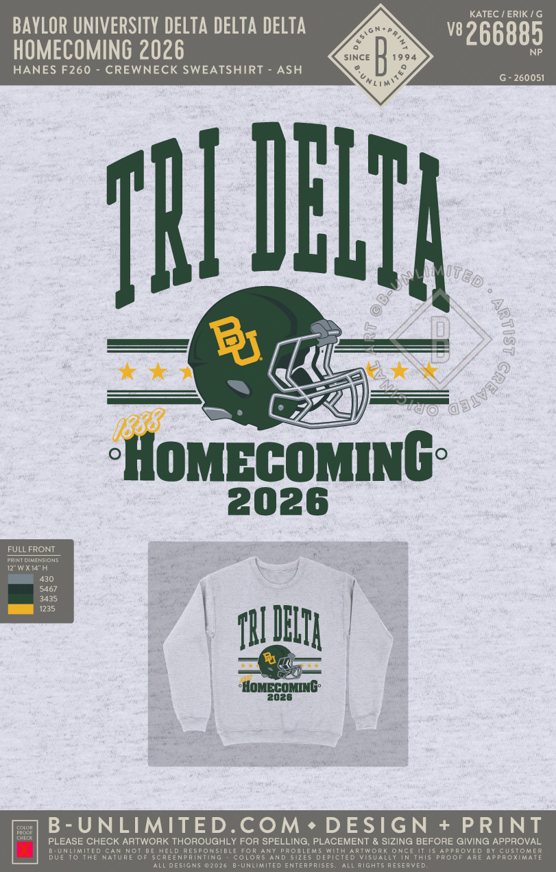 Baylor University Delta Delta Delta - Homecoming 2026 - Hanes - F260 - Sweatshirt - Ash