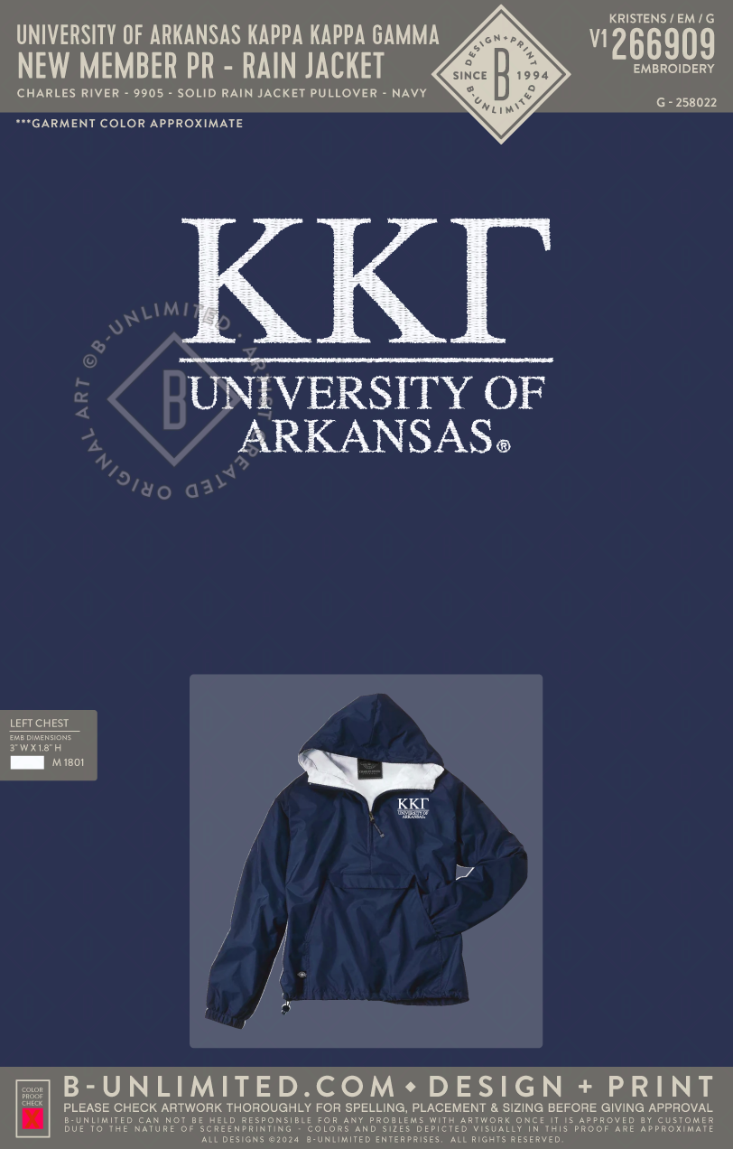 University of Arkansas Kappa Kappa Gamma - New Member PR - Rain Jacket - Charles River - 9905 - Solid Rain Jacket Pullover - Navy