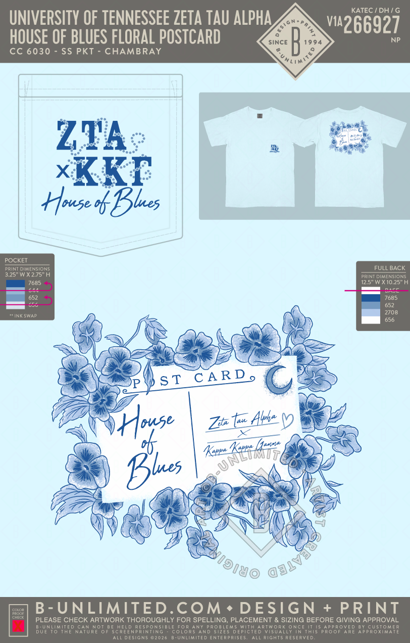 University of Tennessee Zeta Tau Alpha - House of Blues Floral Postcard - CC - 6030 - SS Pocket - Chambray