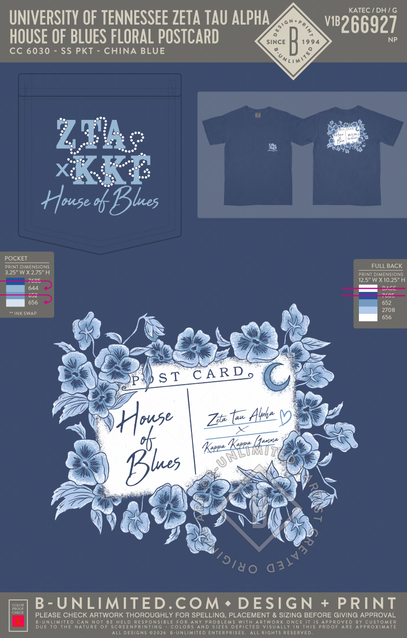 University of Tennessee Zeta Tau Alpha - House of Blues Floral Postcard - CC - 6030 - SS Pocket - China Blue