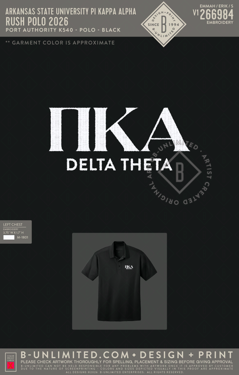 Arkansas State University Pi Kappa Alpha - Rush Polo 2026 - Port Authority - K540 - Silk Touch Performance Polo - Black