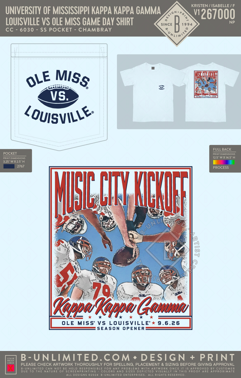 University of Mississippi Kappa Kappa Gamma - Louisville vs Ole Miss Game Day Shirt - CC - 6030 - SS Pocket - Chambray