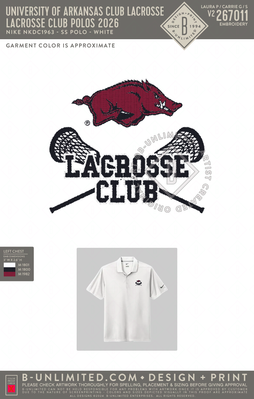 University of Arkansas Club Lacrosse - Lacrosse Club Polos 2026 - Nike - NKDC1963 - SS Polo - White