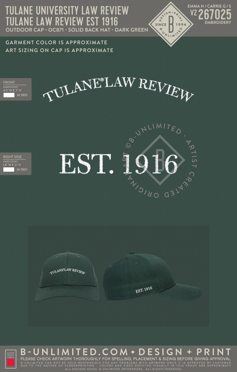 Tulane University Law Review - Tulane Law Review EST 1916 - Outdoor Cap - OC871 - Solid Back Hat - Dark Green