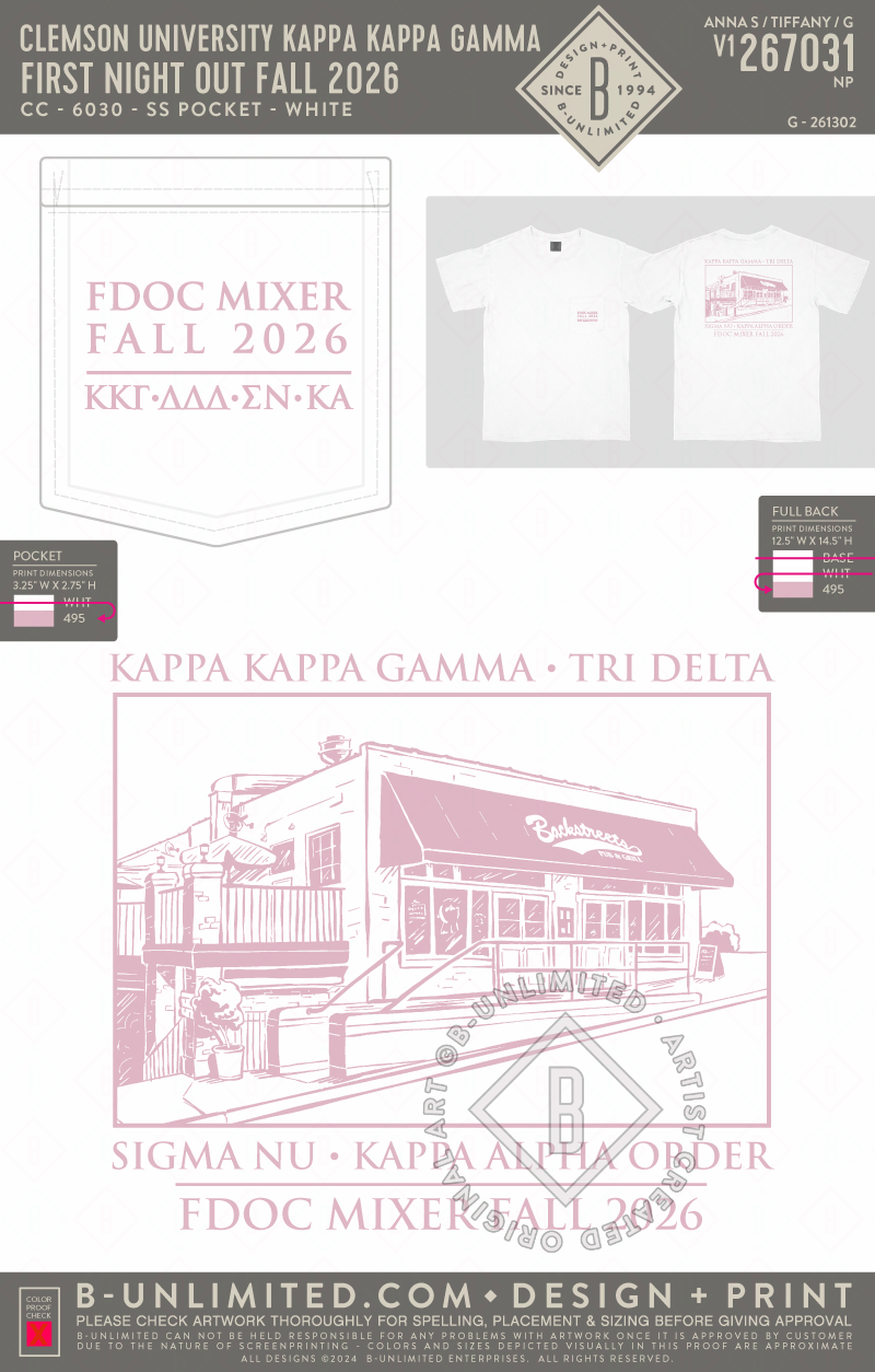Clemson University Kappa Kappa Gamma - First Night Out Fall 2026 - CC - 6030 - SS Pocket - White