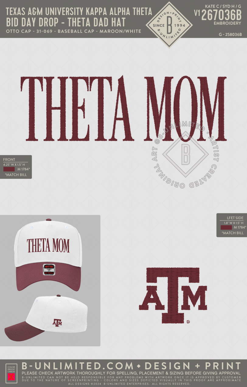 Texas A&M University Kappa Alpha Theta - Bid Day Drop - Theta Mom Hat - Otto Cap - 31-069 - Baseball Cap - Maroon/White