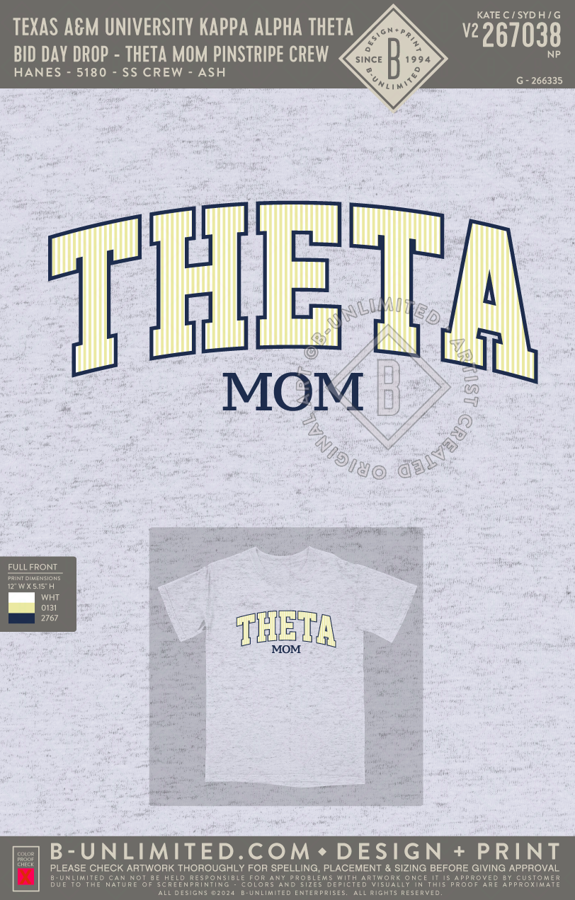 Texas A&M University Kappa Alpha Theta - Bid Day Drop - Theta Mom Pinstripe Crew - Hanes - 5180 - SS Beefy Crew - Ash
