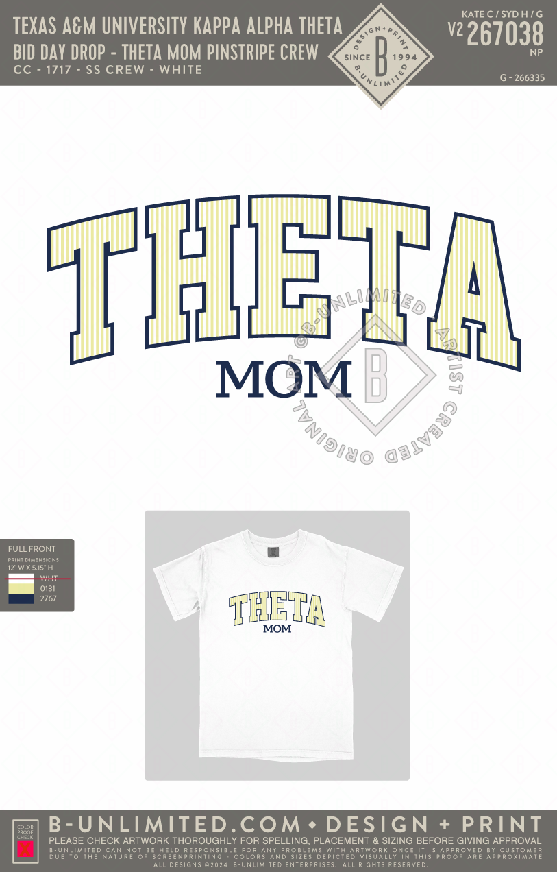 Texas A&M University Kappa Alpha Theta - Bid Day Drop - Theta Mom Pinstripe Crew - CC - 1717 - SS Crew - White